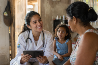 Médica atendendo com IA em comunidade Brasileira