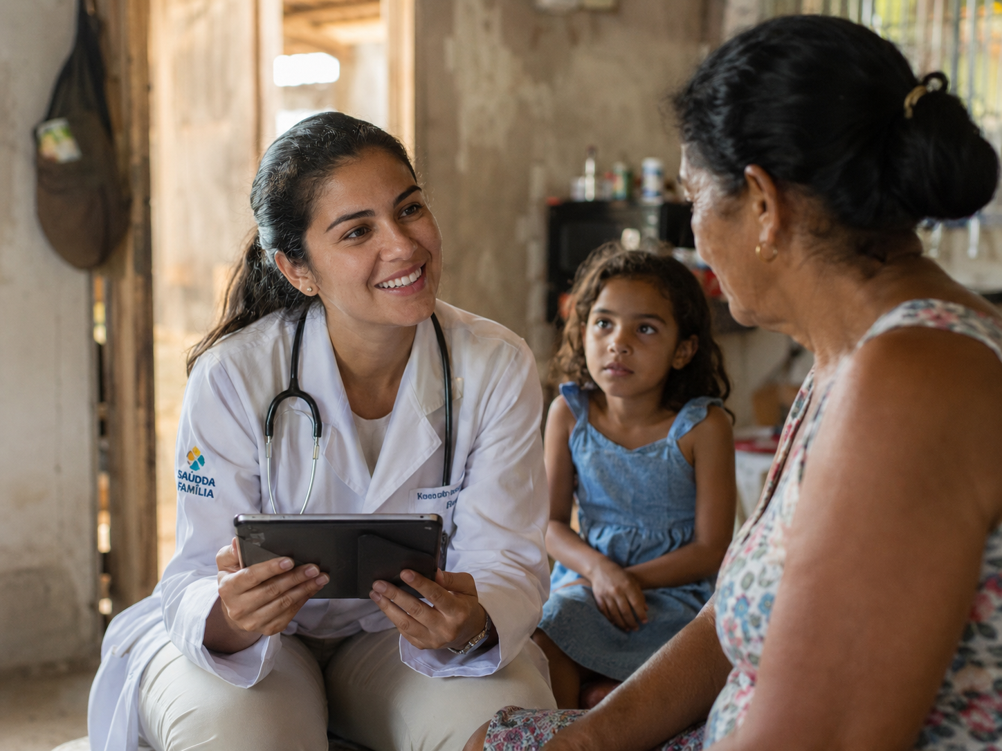 Médica atendendo com IA em comunidade Brasileira
