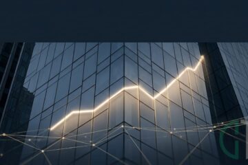 Fachada de edifício corporativo reflete gráfico ascendente e rede de conexões digitais, em alusão ao semestre recorde do crowdfunding de investimento.