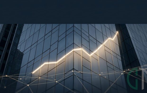 Fachada de edifício corporativo reflete gráfico ascendente e rede de conexões digitais, em alusão ao semestre recorde do crowdfunding de investimento.