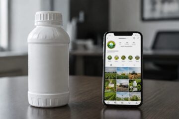 Frasco genérico de defensivo agrícola ao lado de um celular exibindo um perfil fictício do setor nas redes sociais, em ambiente corporativo.